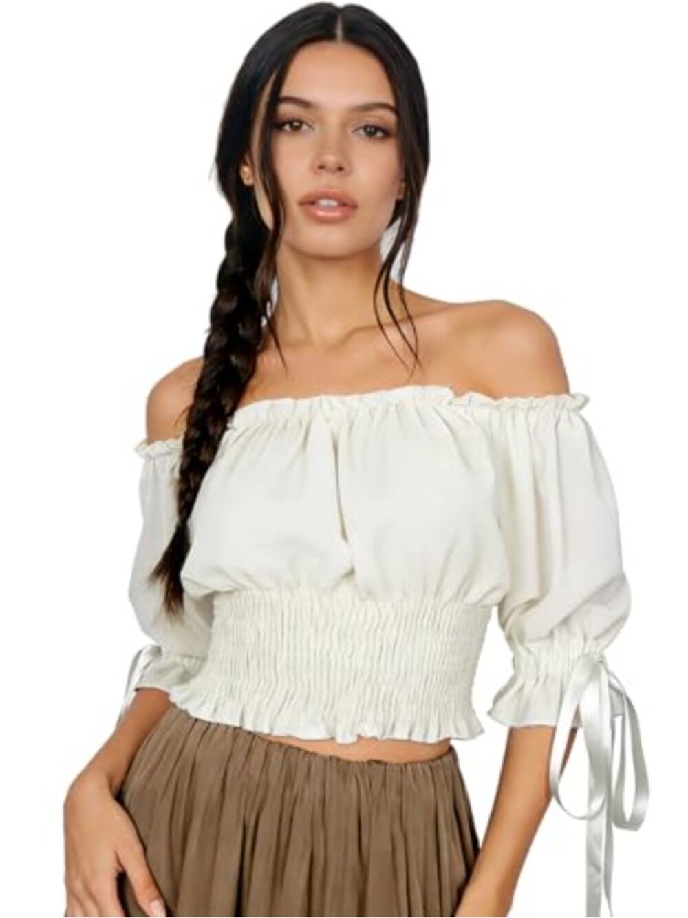 L'VOW Women's Off Shoulder Ruffle Blouse with Smocked Waist and Puff Sleeves